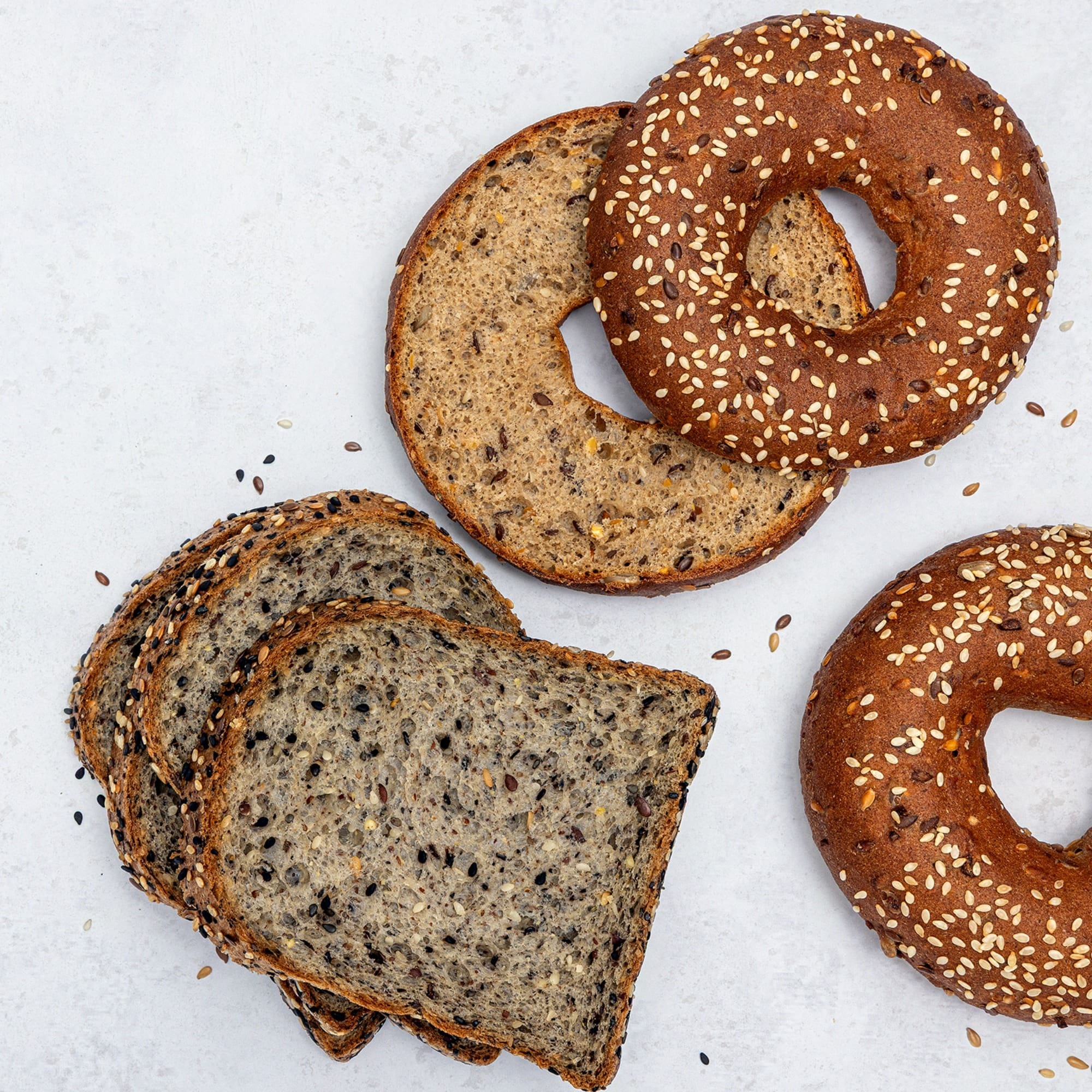 seeded loaf and sesame bagel