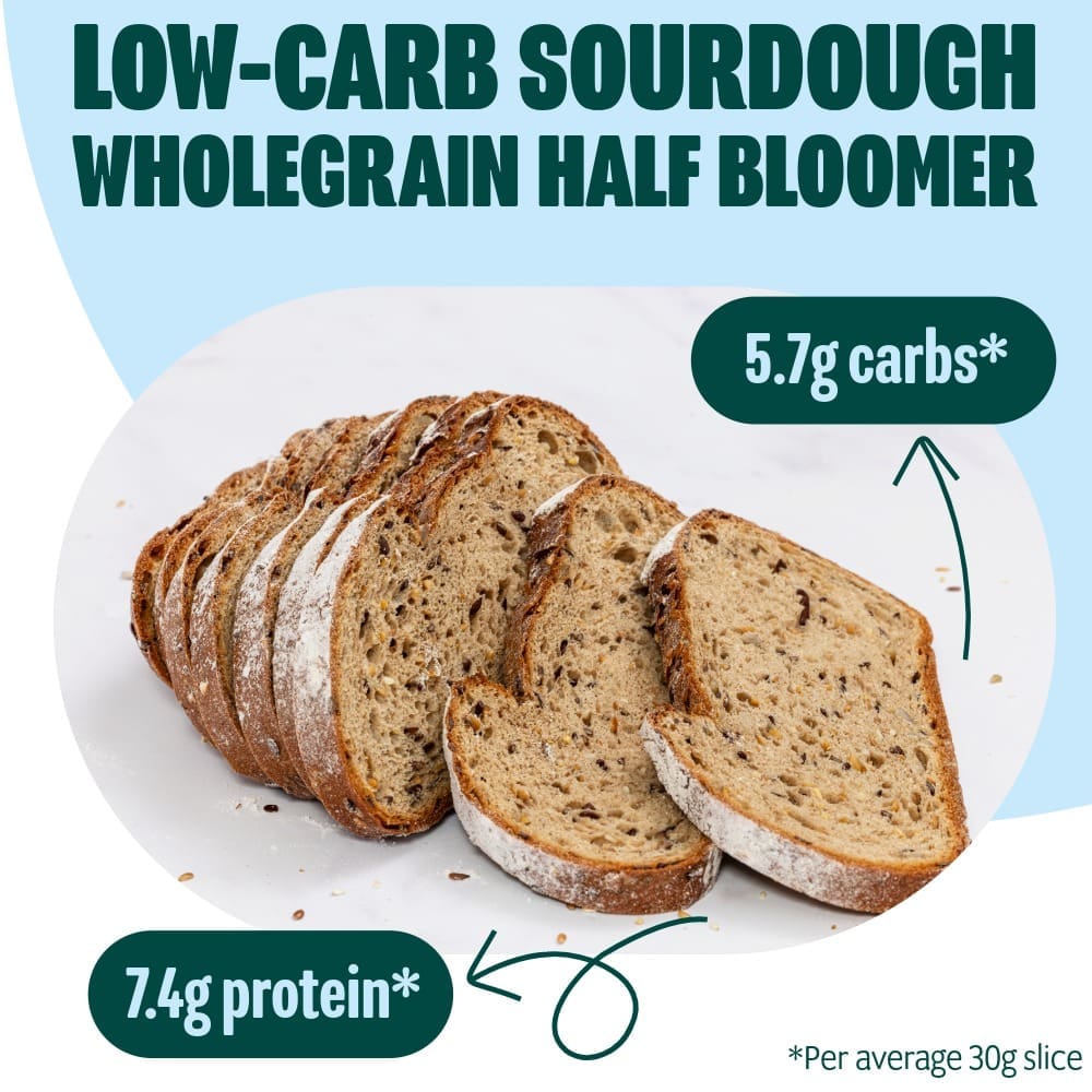 low carb sourdough wholegrain half bloomer cut in slices